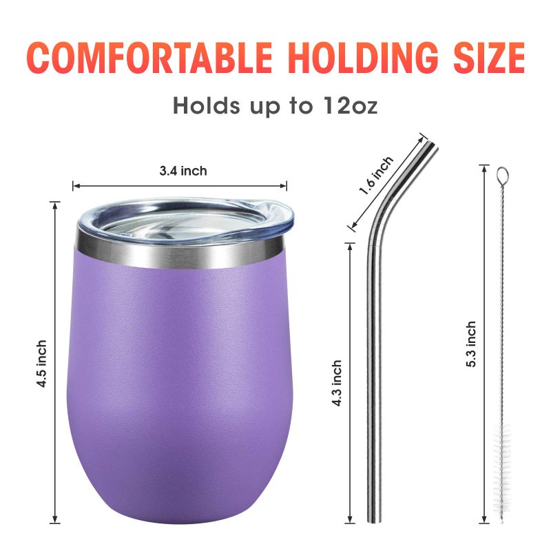 COMOOO Stainless Steel Wine Tumbler Bulk with Lid and Straw 12oz Double Wall Vacuum Insulated Travel Tumbler Cup Stemless for Hot and Cold Drinks, Coffee, Wine, Cocktails (Light Purple, 8 Pack) - Image 3